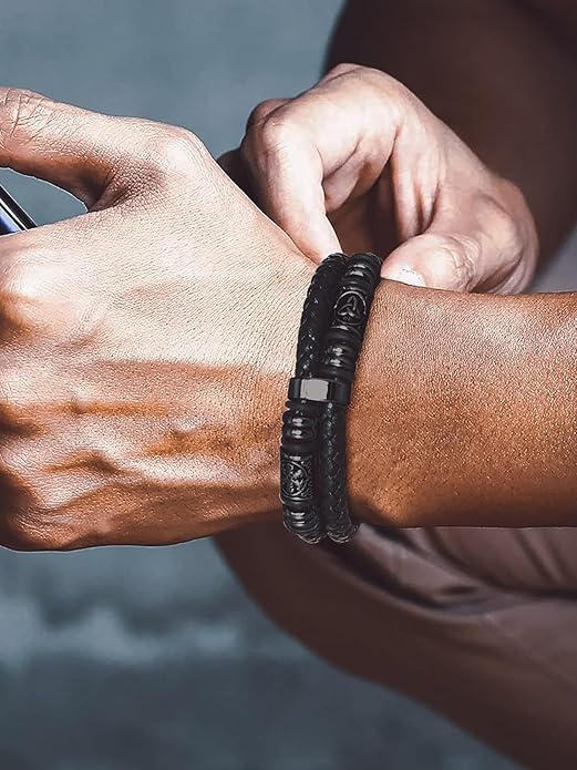 Bandmax Mens Black Double Wax Rope Cuff Bracelets Waterproof Stainless Steel Norse Style Celtic Knot Beads Bracelet Wristband Gift for Men