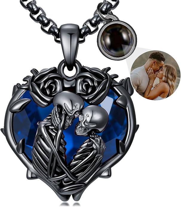 Flpruy 925 Sterling Silver Black Gothic Jewelry Gifts Skeleton Couple Pendant Crystal Birthstone Heart Necklace Punk Romantic Jewelry for Lover Men Women
