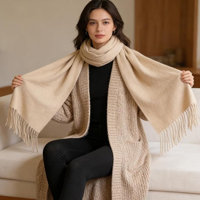 WASALUYA Wool Scarf for Women & Men, 100% Wool Scarves Wrap Shawl with Tassels, Elegant Soft Winter Scarf for Fall and Winter