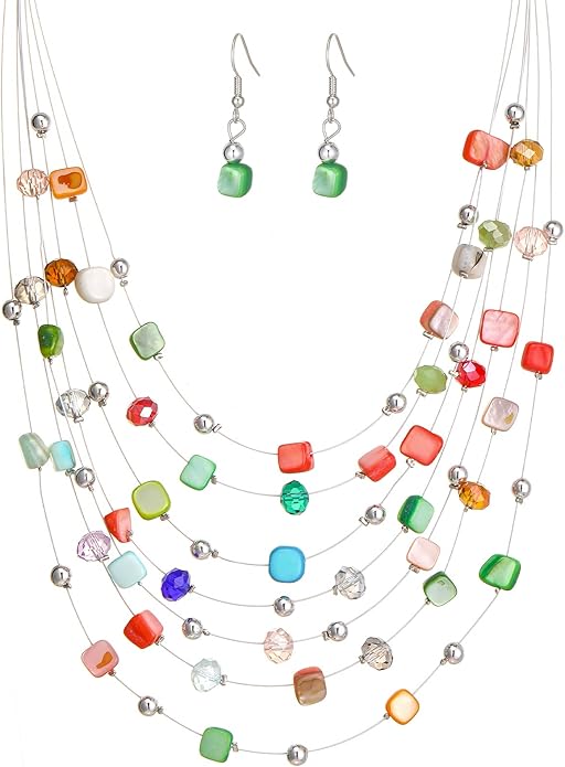 Multi-Layer Boho Shell Beaded Necklace for Women Colorful Crystal Strand with Silver Beads Statement Collars Necklace and Earrings Costumes Jewelry Sets for Women