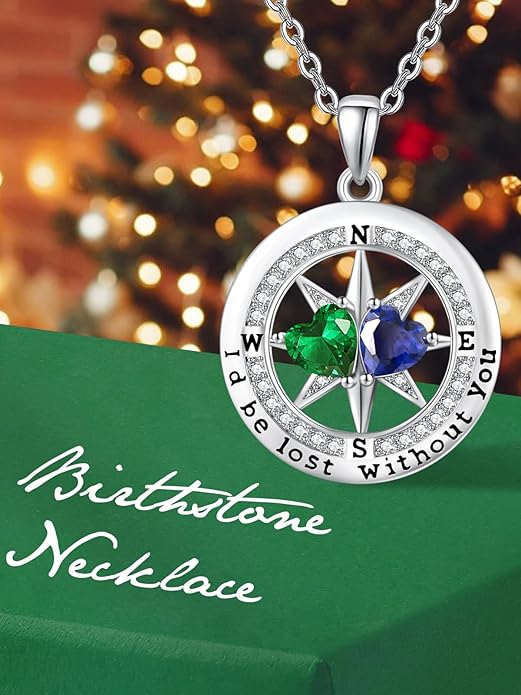 JIYVY32 Compass Birthstones Necklace for Women, Exquisite S925 Necklace Anniversary Birthday Gifts for Wife Her Double Birthstone Pendant jewelry ‘I'd be Lost Without You’