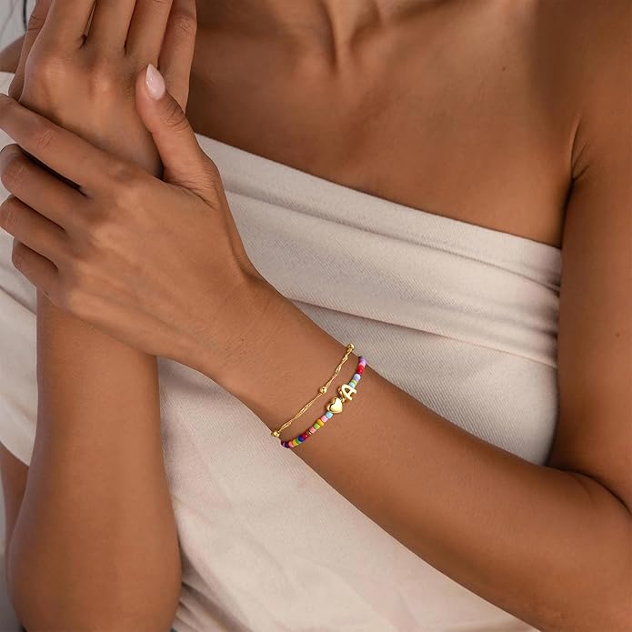 Ursteel Colorful Initial Heart Bracelets for Women - 14K Gold Plated Beaded Letter A-Z Bracelet, Layered Stretch Initial Bracelets, Women Trendy Bohemian Jewelry Birthday Gifts