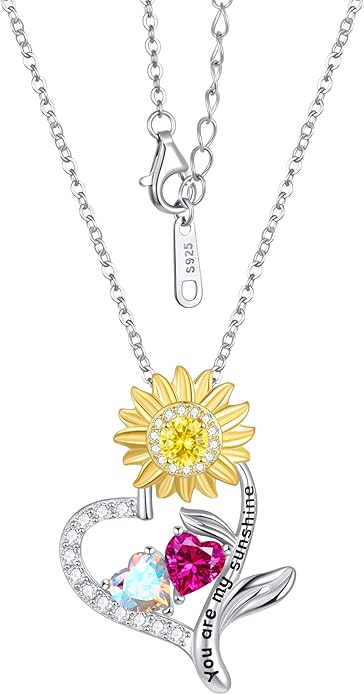 PERJI Valentine's Day Gifts for Women - 925 Sterling Silver Double Birthstone Sunflower Necklace, Anniversary Birthday Jewelry You are My Sunshine Gifts for Wife Couple Girlfriend 18"+2" Non Tarnish