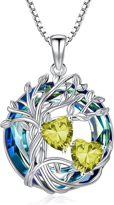 TOUPOP s925 Sterling Silver Family Celtic Tree of Life Pendant Necklaces with 2 Heart Birthstone with Blue Austrian Crystal Jewelry Birthday Anniversary Christmas Gifts for Her Wife Girlfriend Mom (18K Real White Gold Filled)