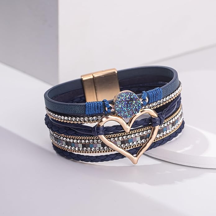 FANCY SHINY Heart Leather Wrap Bracelets Stackable Boho Cuff Bangles Trendy Resin Stone Rhinestone Bracelets with Magnetic Clasp for Women