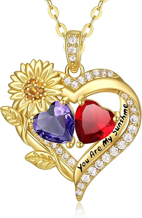 Sunflower Heart Necklace for Women 14K Gold Exquisite Anniversary Birthday Gifts for Wife Mother Her Double Birthstone Pendant jewelry‘You Are My Sunshine’