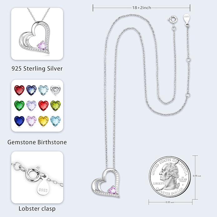 GLIVEOR 925 Sterling Silver Birthstone Necklace Heart Necklace for Women Gifts for Women