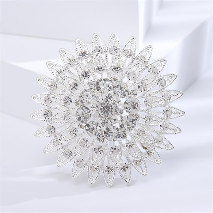 Vintage Rhinestone Round Flower Brooch Pin for Women,Sparkling Floral Lapel Pins Fashion Crystal Cluster Brooches Elegant Dress Accessories Christmas Wedding Jewelry