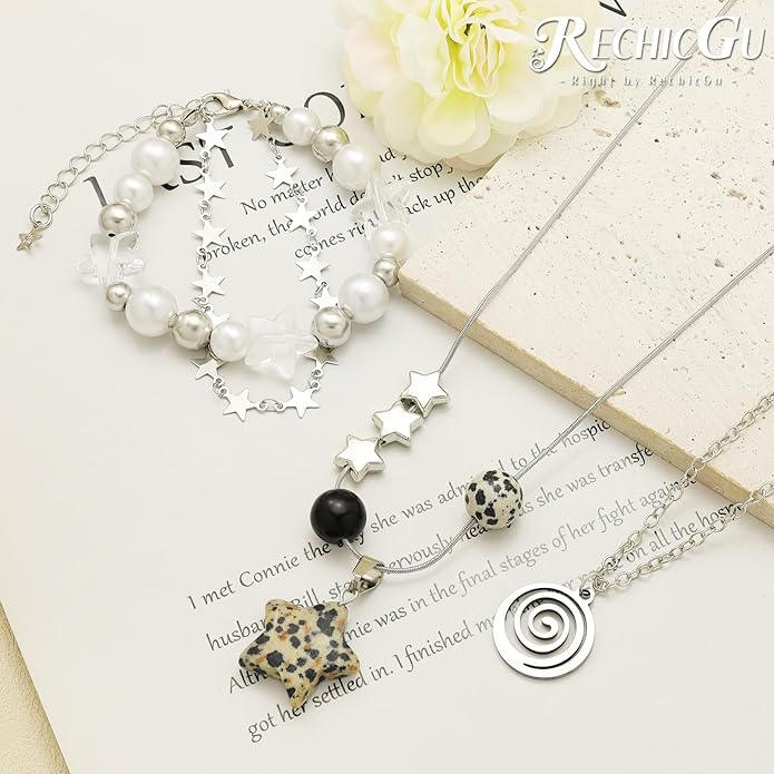 Multilayer Y2k Star Necklace Fairy Grunge Bracelets Set Handmade Fairycore Grunge Jewelry Gothic Swirl Star Necklace Punk Rock Roll Music Guitar Grunge Accessories for Women Men