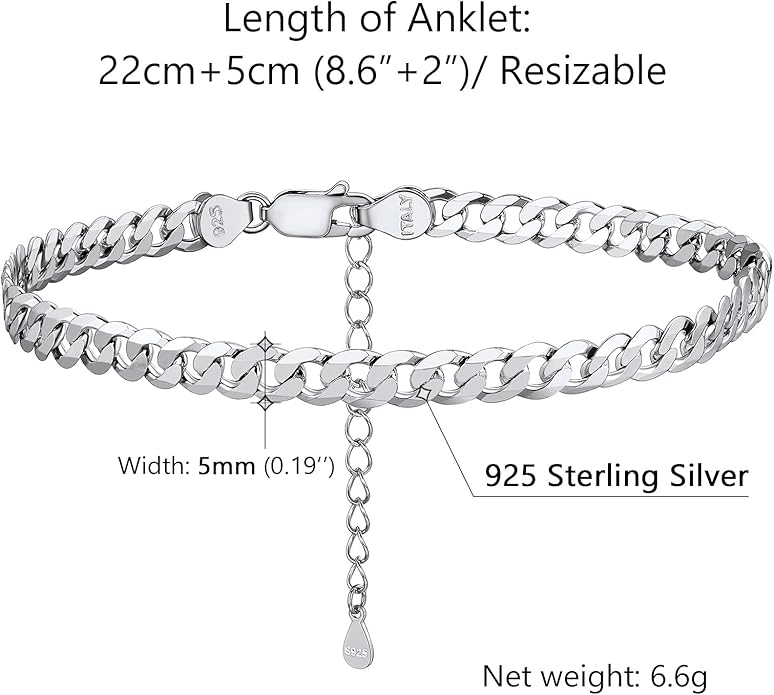 PROSILVER 925 Sterling Silver Ankle Bracelets For Women, Stylish Chain Anklets, Summer Beach Jewelry, 8.6-10.6 Inch Adjustable, Come with Box