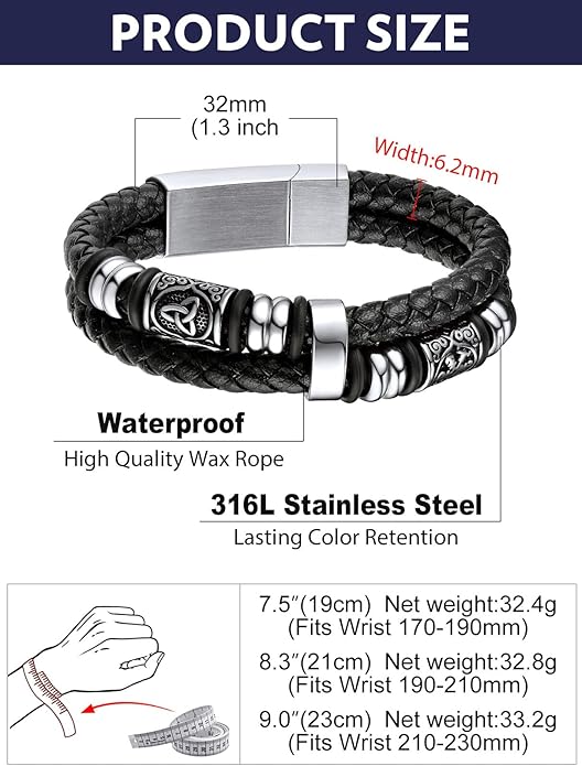 Bandmax Mens Black Double Wax Rope Cuff Bracelets Waterproof Stainless Steel Norse Style Celtic Knot Beads Bracelet Wristband Gift for Men