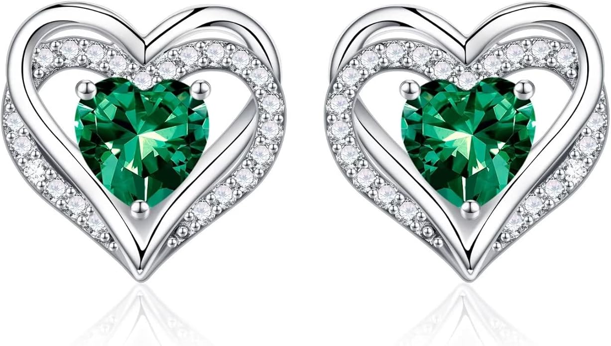 Iefil Birthstone Earrings for Women, 925 Sterling Silver Heart Stud Earrings Birthday Gifts for Women
