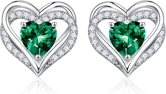 Iefil Birthstone Earrings for Women, 925 Sterling Silver Heart Stud Earrings Birthday Gifts for Women