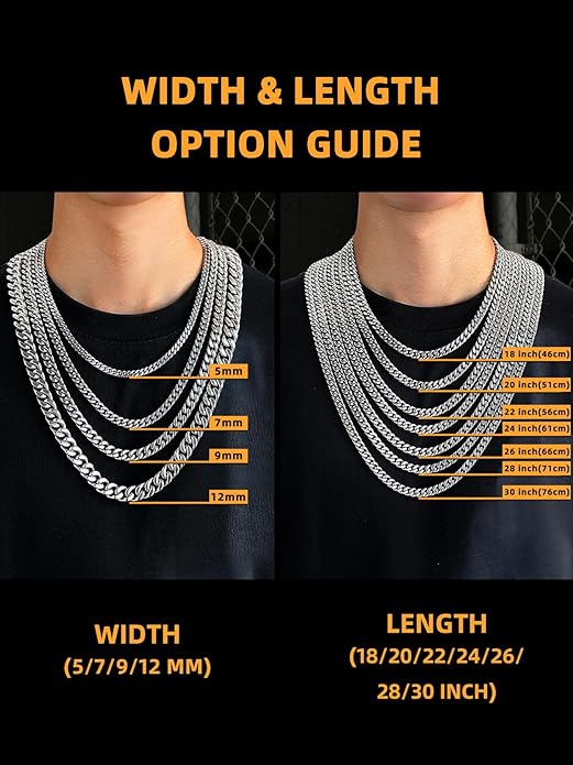 Bestyle Thick Stainless Steel Mens Cuban Link Chain, Black/Gold Chain for Men, No Tarnish & Durable Men Chain Necklace, 5/7/9/12mm Wide, 18"-30" Long, Gift Package