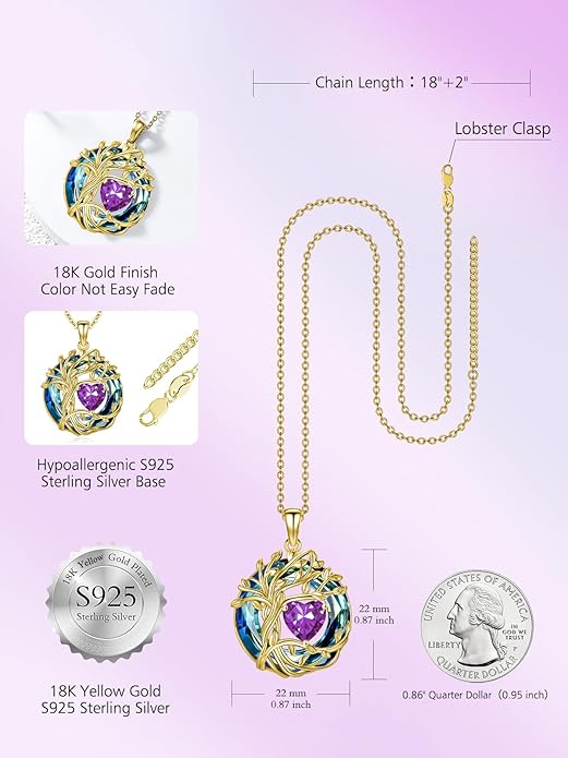 TOUPOP Christmas Gifts Tree of Life Birthstone Necklace 925 Sterling Silver Pendant Austrian Crystal Jewelry Anniversary Birthday Gifts for Women Mom Her Wife