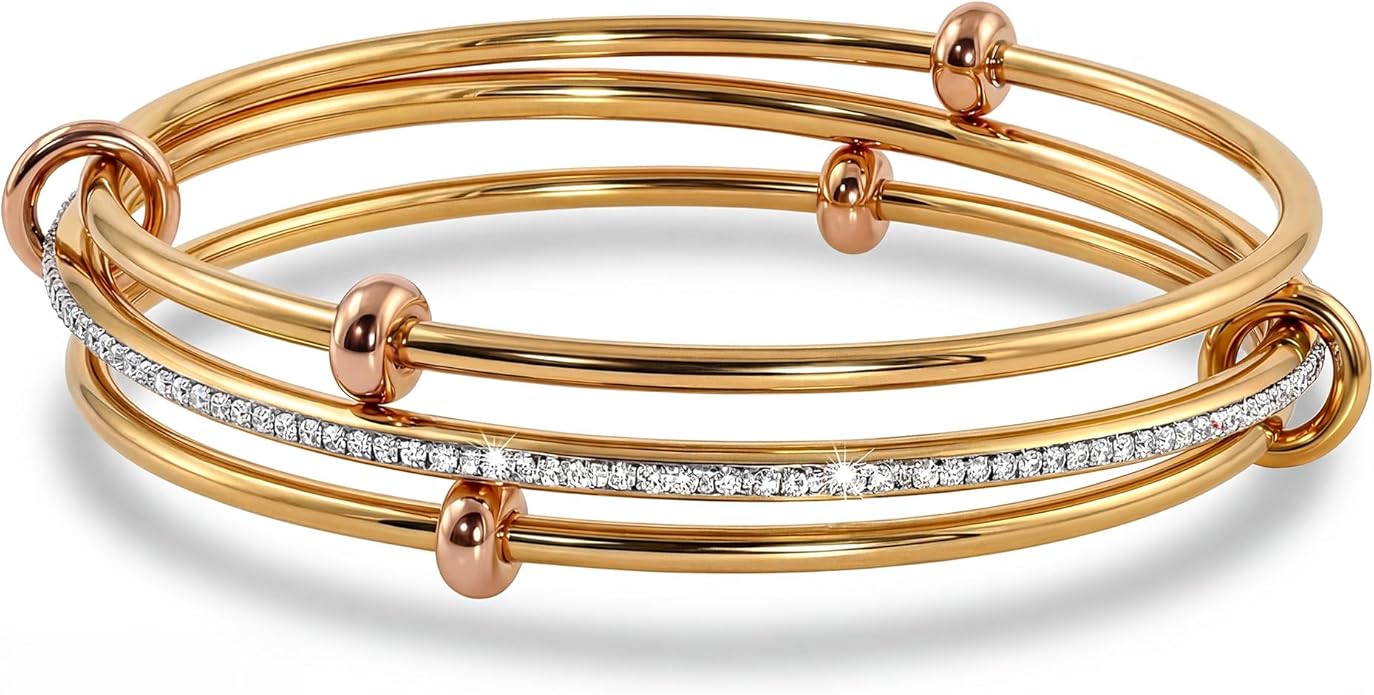 Musishiyu Gold Bracelets for Women Stacking Bangle - 18K Mixed Metal Tri-Color Rolling Interlocking Bands, Cubic Zirconia Fidget Anxiety Jewelry, Valentine's Galentine's Day Gifts (Love, Loyalty, Friendship)