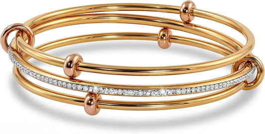 Musishiyu Gold Bracelets for Women Stacking Bangle - 18K Mixed Metal Tri-Color Rolling Interlocking Bands, Cubic Zirconia Fidget Anxiety Jewelry, Valentine's Galentine's Day Gifts (Love, Loyalty, Friendship)