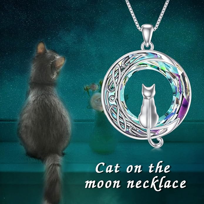 TOUPOP Christmas Cat Gifts for Cats Lovers One Two Three Four Cats Necklace Sterling Silver Cats on the Moon Pendant Necklace with Blue Circle Crystal Birthday Christmas Celtic Jewelry Gifts for Women