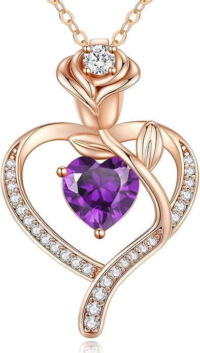 LOUISA SECRET Rose Flower Heart Birthstone Necklaces for Women, 925 Sterling Silver Fine Jewelry, Pendant Heart Necklaces Birthday Anniversary Christmas Gift for Women Wife Mom Girlfriend Lady