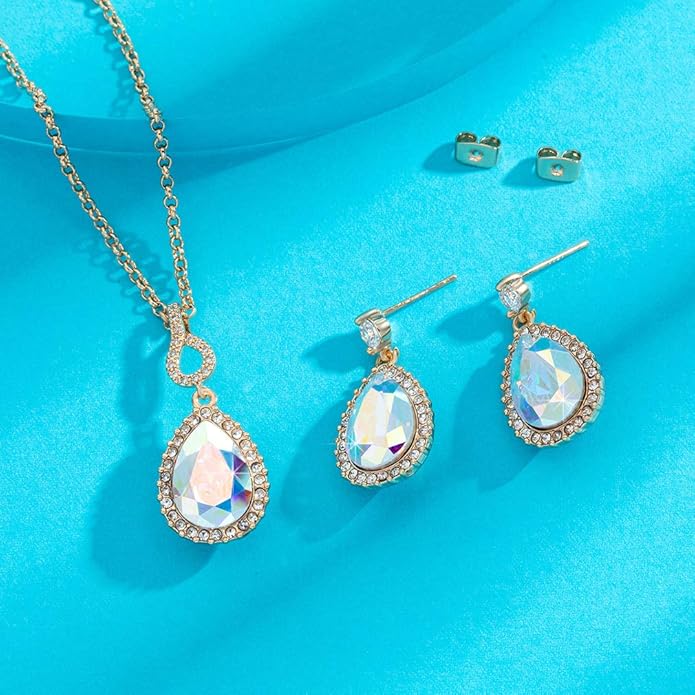 Austrian Crystals Teardrop Pendant Necklace Earrings for Women 14K Gold Plated Hypoallergenic Jewelry Set