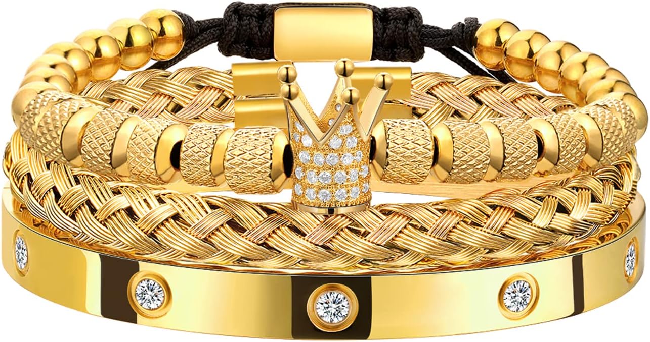 WFYOU 3PCS Stainless Steel Bracelets for Men Gold Roman Numeral Bangle Bracelet Twisted Cable Bracelet Adjustable Cuff Bracelet Mens Luxury Jewelry Bracelets Gifts