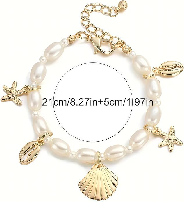 Shell Ankle Bracelet Set for Women, Gold Plated Boho Bead Adjustable Anklet, Hawaiian Beach Seashell Pearl Heart Starfish Conch Foot Jewelry Gifts