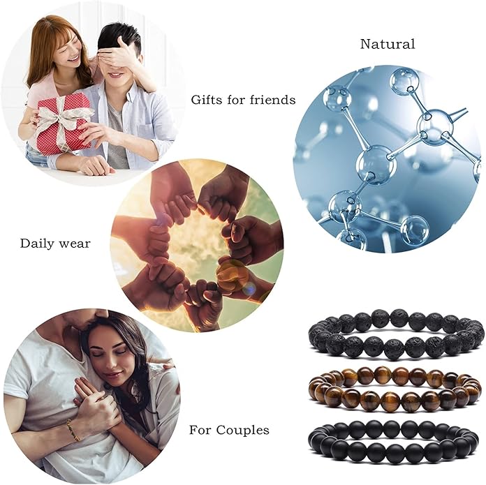MengPa Mens Beaded Bracelets Couples Matching Bracelet Set Lava Rock Beads for Women Stone Jewelry