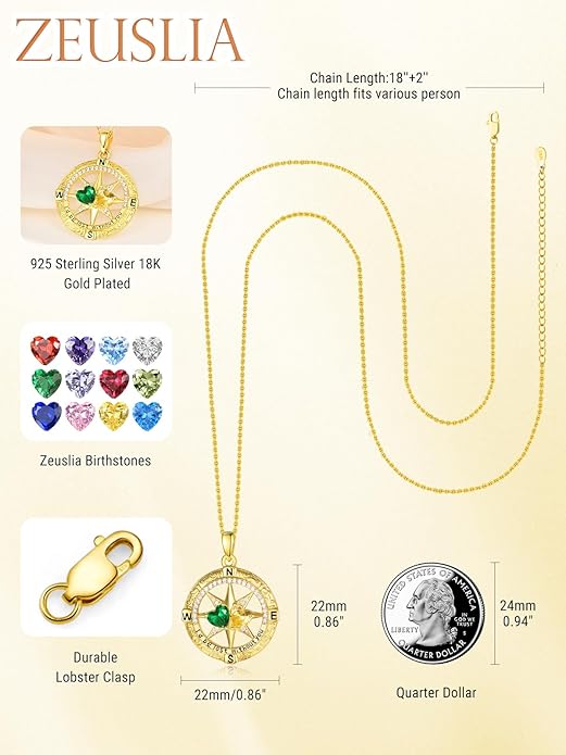 Zeuslia Double Birthstone Necklace Gifts for Wife - 925 Sterling Silver Sunflower/Rose/Crown Cross/Compass/Heart Pendant I Love You Necklace, Anniversary Birthday Gifts for Wife Girlfriend Mom Her
