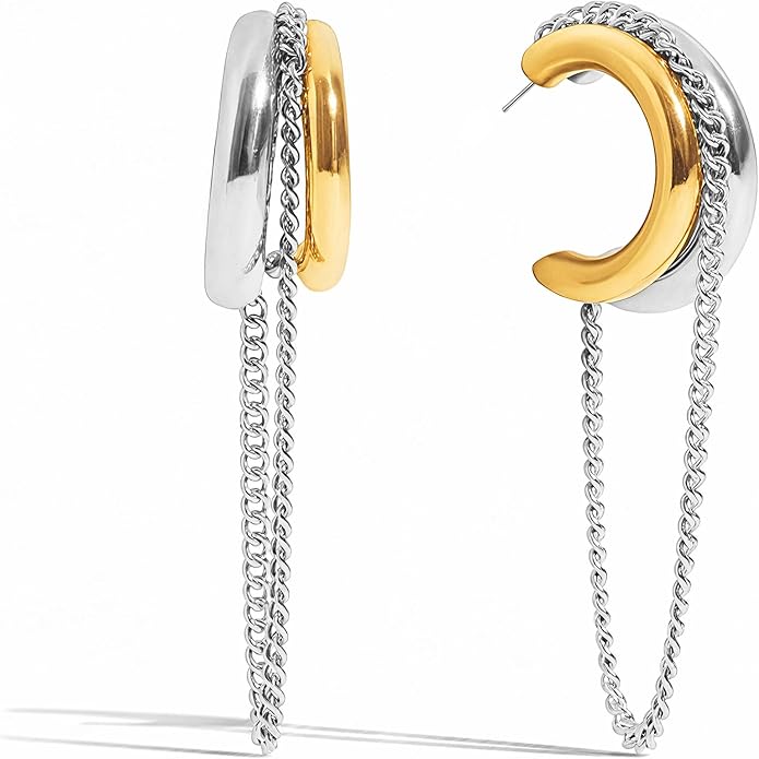 18K Gold Plated Hoop Earrings Gold and Silver Trendy Two Tone Dangling Chain Earrings,Waterproof Stainless Steel Hypoallergenic Earring,Statement Earrings for Daily Wear,Party,Birthday Jewelry Gifts