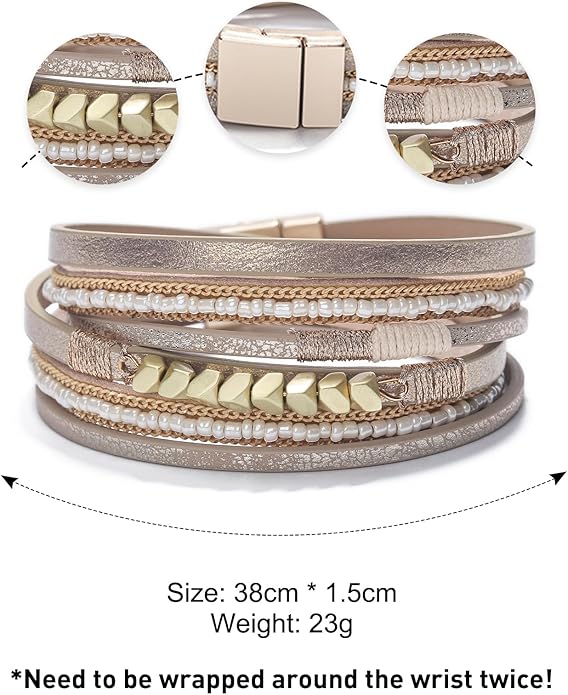 Fesciory Leather Wrap Bracelets for Women, Boho Leopard Multi-Layer Crystal Beads Cuff Bracelet Jewelry