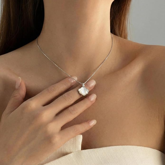 Mother of Pearl Fan Pendant Necklace -Sterling Silver Necklace, Size 16 Inch, Dainty Ocean-Inspired Jewelry for Women, Perfect for Daily Wear and Gifting