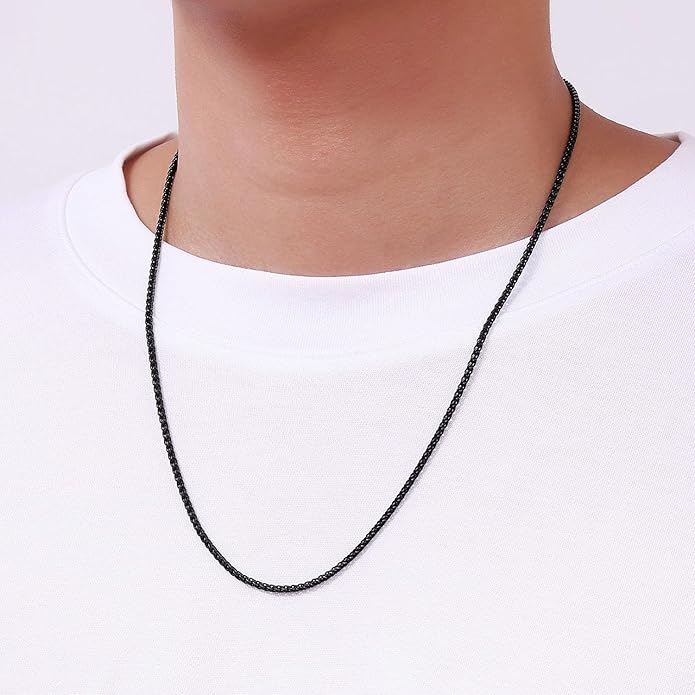 Fiusem Black Wheat Chains for Men and Women, 2/2.5/3/4/5mm Stainless Steel Necklace Chain, Mens Necklace Jewelry Gift 16-28 Inch