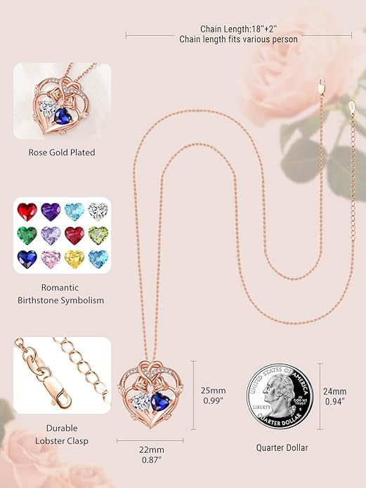 Rose Gold Necklaces for Women Double Birthstone Rose Flower Heart Pendant Necklace Jewelry Anniversary Christmas Valentine's Mother's Day Birthday Gift for Wife Mom Her Girlfriend Sister