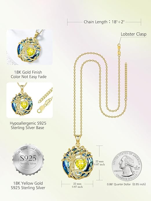 TOUPOP Christmas Gifts Tree of Life Birthstone Necklace 925 Sterling Silver Pendant Austrian Crystal Jewelry Anniversary Birthday Gifts for Women Mom Her Wife