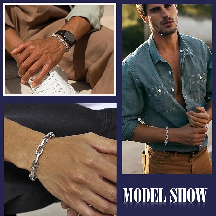 VNOX Link Chain Bracelets for Men - Cool Mens Bracelets Diamond-Cut Paperclip Solid Chain Bracelet Chunky Stainless Steel Jewelry Trendy Gifts