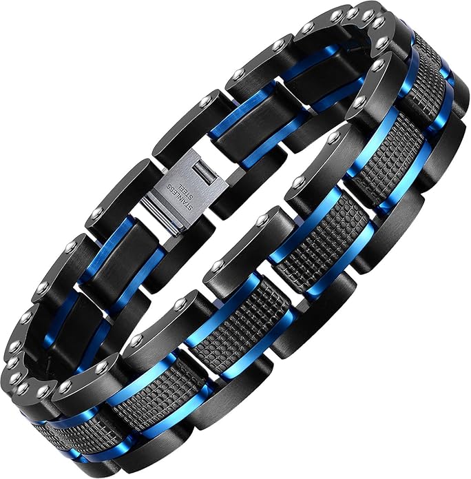 Holizaly Men's Stainless Steel Two Tone Square Link Bracelet, Black and Blue Ion Plated Black