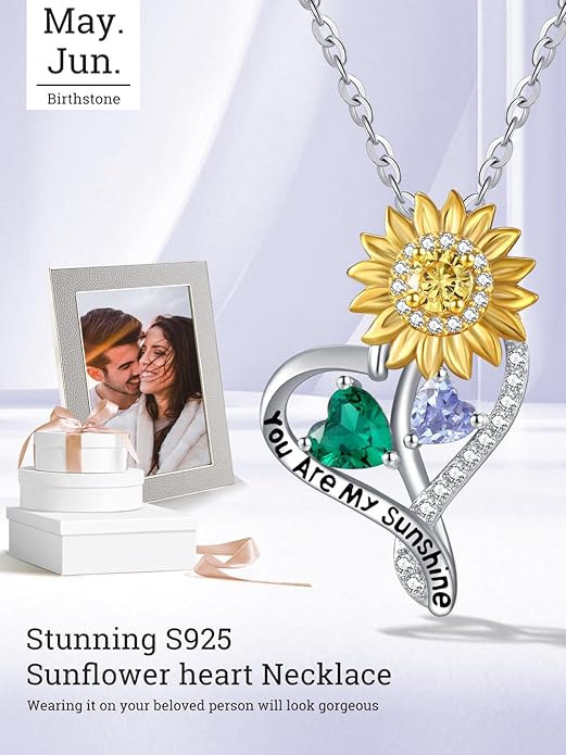 Zeuslia Double Birthstone Necklace Gifts for Wife - 925 Sterling Silver Sunflower/Rose/Crown Cross/Compass/Heart Pendant I Love You Necklace, Anniversary Birthday Gifts for Wife Girlfriend Mom Her