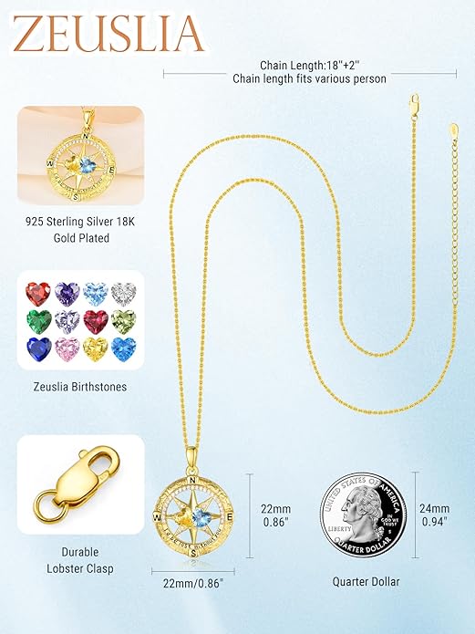 Zeuslia Double Birthstone Necklace Gifts for Wife - 925 Sterling Silver Sunflower/Rose/Crown Cross/Compass/Heart Pendant I Love You Necklace, Anniversary Birthday Gifts for Wife Girlfriend Mom Her