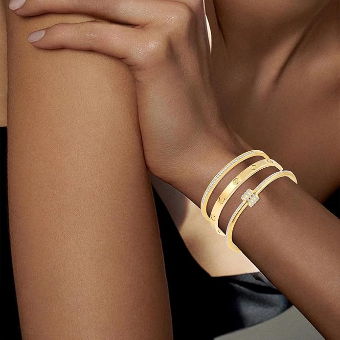Gold Bracelets for Women - Stackable Bangles with Friendship & Love Theme - Stainless Steel Jewelry Gift for Her