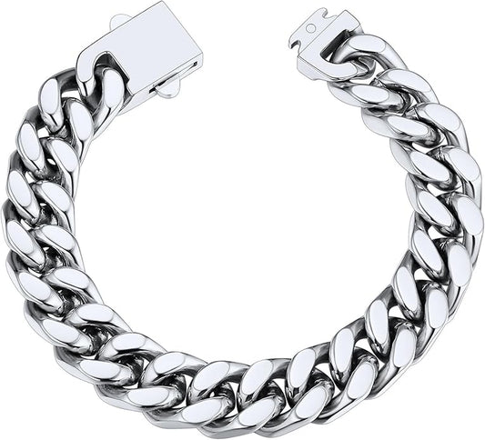 ChainsHouse Stainless Steel Cuban Link Bracelet for Men, 5mm/7mm/9mm/12mm Width, 7.5"/8.3"/9" Length, Black/18K Gold Plated Chain Wrist Bracelets for Men, with Gift Box