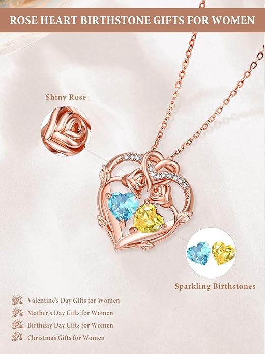 Rose Gold Necklaces for Women Double Birthstone Rose Flower Heart Pendant Necklace Jewelry Anniversary Christmas Valentine's Mother's Day Birthday Gift for Wife Mom Her Girlfriend Sister