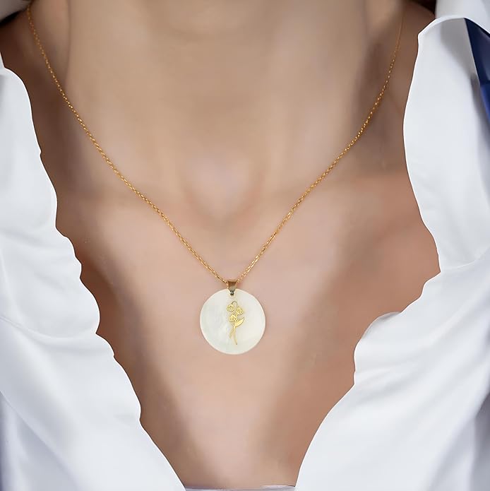 ONTHOLOGIE Birth Month Flower Necklace on Natural Mother of Pearl, 925K Sterling Silver Pendant Birth Flower Necklace, Personalized Birth Month Jewelry, Meaningful Gift for Women