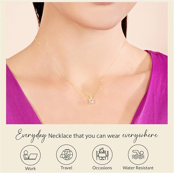 Everyday Elegance Solid 14K Gold Cubic Zirconia Solitaire Pendant Necklace for Women Heart, Princess, Round, Oval, Emerald, Pear & Cushion Cut 1 or 2 CTW | .60mm Thick 16" 18" Length Box Link Chain