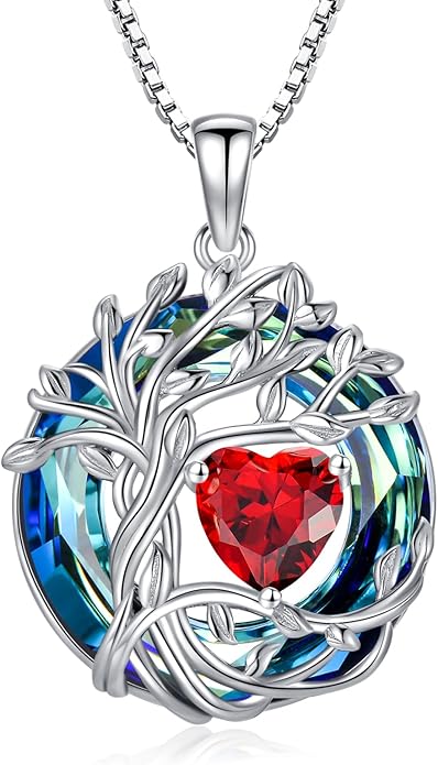 TOUPOP Tree of Life Birthstone Necklace 925 Sterling Silver Pendant Austrian Crystal Jewelry Anniversary Birthday Christmas Gifts for Women Mom Her Wife