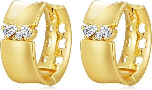 14K Gold & Rose Gold Hoop Earrings for Women, Chunky Huggie Half Hoops Earrings, Hypoallergenic Non Tarnish Cubic Zirconia Trendy Minimalist Everyday Jewelry Gift