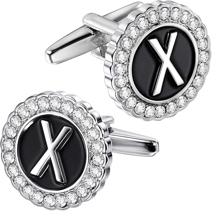 HAWSON A-Z Initial Cufflinks for Men and Women with Clear Crystal, Gold Silver Color Rasied Letter A-Z Cuff Links for French Shirt, Gift for Normal and Business Wearing