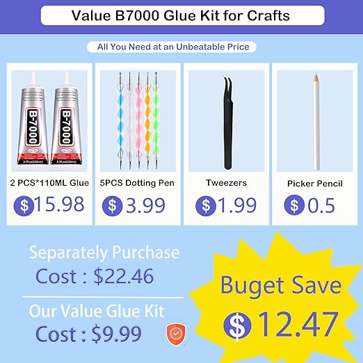 B7000 Adhesive Rhinestones Glue for Crafts, 2PCS 110ml / 3.7 fl oz with 5 Dotting Pen Tool, Wax Pencil and Tweezer, Jewelry Glue for DIY Craft, Makeup, Shoes, Jewelry Making, Nail Art