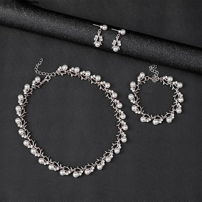 Rrdaily Rhinestone Pearl Wedding Jewelry Set for Bride Bridesmaid Bohemia Adjustable Beaded Crystal Bracelet Necklace Exaggerated Pearl Earring Set for Women