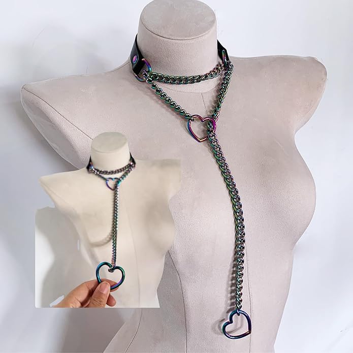 Handmade Black Heart Choker Collar For Women, Punk Gothic O-ring Slip Chain Necklace with Adjustable Vegan Leather Buckle