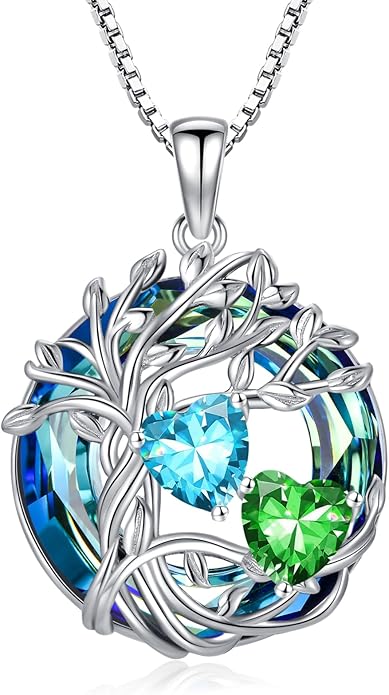 TOUPOP s925 Sterling Silver Family Celtic Tree of Life Pendant Necklaces with 2 Heart Birthstone with Blue Austrian Crystal Jewelry Birthday Anniversary Christmas Gifts for Her Wife Girlfriend Mom (18K Real White Gold Filled)